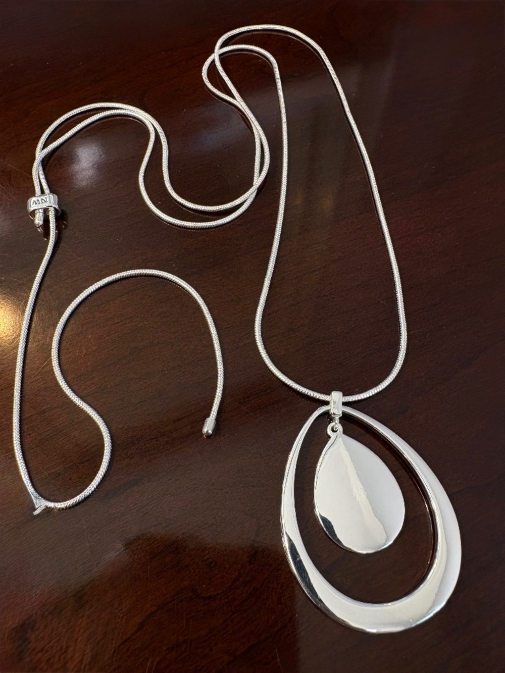 Nine West Adjustable Silver Tone Double Oval Pendant Necklace